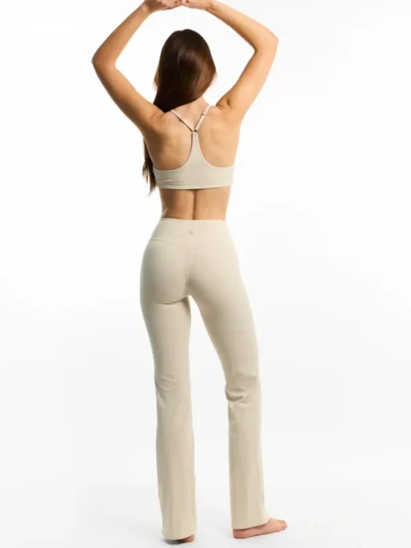 beige sports bra flare yoga pants