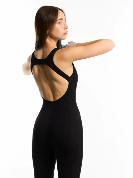 אוברול מחטב עדי (Adi) - Black womens black open back activewear bodysuit