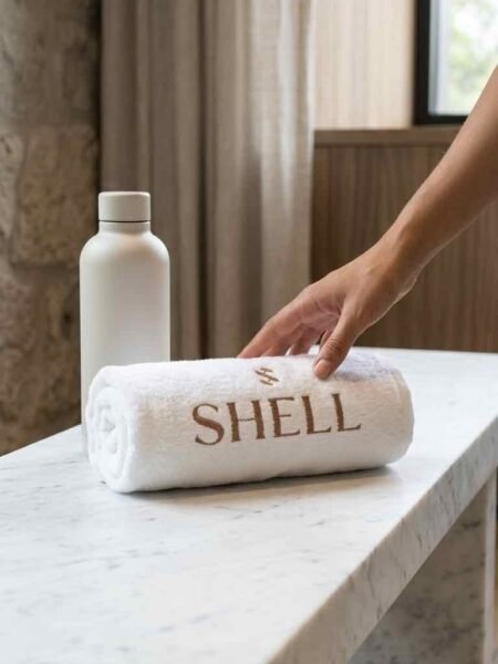 מגבת אימון shell embroidered white rolled towel
